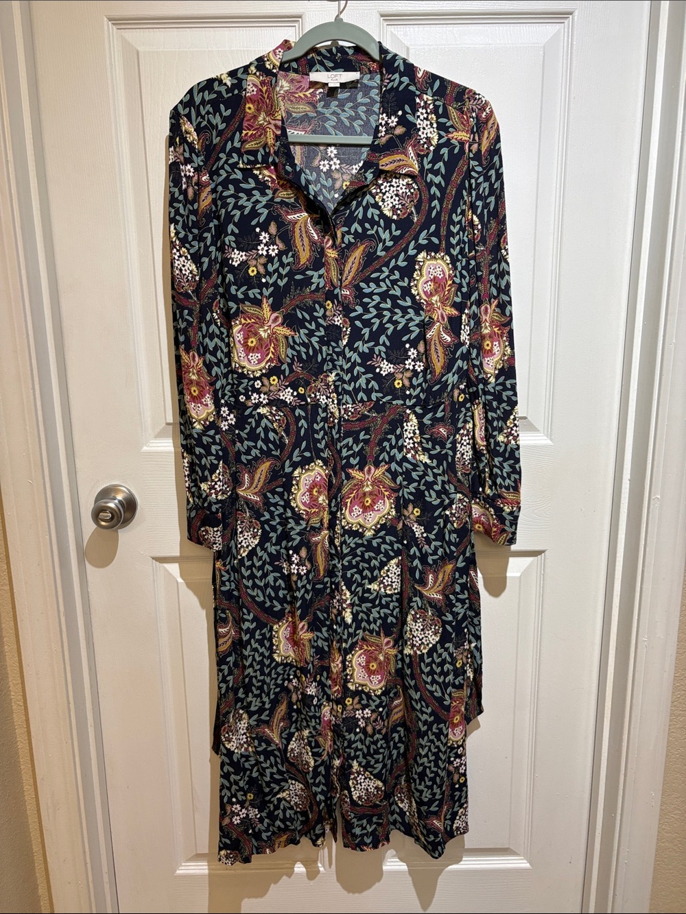 LOFT navy Long-Sleeve Paisley Floral Button-Front Midi shirt Dress sash autumn